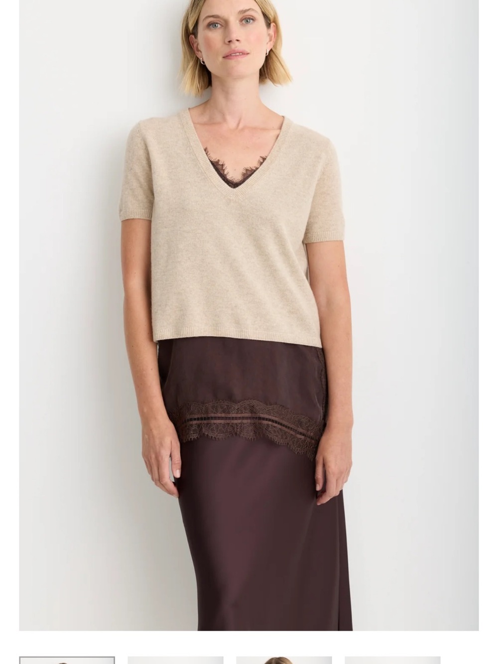 One Grey day Beige V-Neck Short Sleeve Sweater Top